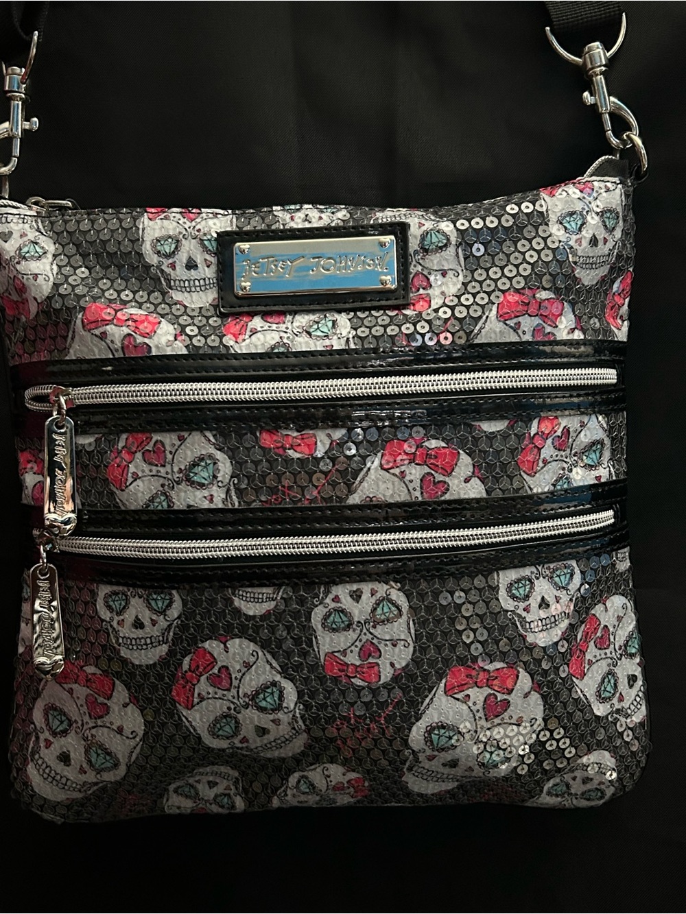 Betsey Johnson Black & Pink Sugar Skull Sequin Covered Crossbody Shoulder Bag